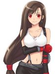  belt breasts brown_hair comanjaco earrings elbow_gloves female final_fantasy final_fantasy_vii fingerless_gloves gloves jewelry long_hair midriff miniskirt red_eyes simple_background skirt solo suspenders tank_top tanktop tifa_lockhart white_background 