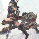 1girl aoin armor arzuros_(armor) axe black_hair blue_eyes boots brown_eyes fur gauntlets highres monster_hunter monster_hunter_portable_3rd short_hair smile switch_axe thighhighs weapon 