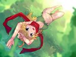  ahoge arms_up barefoot bikini blonde_hair breasts cleavage from_above front-tie_top grass green_bikini green_eyes hoshii_miki idolmaster idolmaster_(classic) long_hair lying maitake_(loose) medium_breasts on_back red_scarf scarf solo swimsuit upside-down 