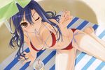  ;) absurdres arm_support bangs barefoot beach beach_towel beach_umbrella bikini blue_hair breasts brown_eyes cleavage cup drink drinking_straw dutch_angle foreshortening from_above front-tie_bikini front-tie_top hair_between_eyes highres huge_filesize large_breasts leaning light_smile long_hair mashiba_sayuri mouth_hold murakami_suigun navel one_eye_closed outdoors pia_carrot_(series) pia_carrot_e_youkoso!! pia_carrot_e_youkoso!!_4 red_bikini ribbon ribbon_in_mouth scan seiza shade shadow side-tie_bikini sitting skindentation smile solo spread_legs string_bikini striped sweat swimsuit towel transparent umbrella undressing untied untied_bikini untying 