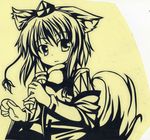  :3 animal_ears detached_sleeves dog_food hat highres inubashiri_momiji long_sleeves monochrome msumisa shirt short_hair solo tail touhou wolf_ears wolf_tail 