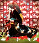 black_hair bored kimono long_hair origami paper_crane ponytail tagme 