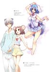  2girls animal_ears arm_up blue_hair both_genders breasts brown_eyes brown_hair holding_hands hoodie inumimi kemonomimi large_breasts male megane momiji_mao mouse_ears mouse_tail nekomimi open_mouth oppai pants short_hair shorts skirt smile sweater tail usamimi wrist_cuffs 