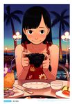  black_eyes black_hair blue_hair camera dress drink food high_res palm_tree plate scanning_artifacts sky smile sunset table takamichi 