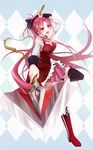  :d black_legwear boots bow breasts chain cleavage detached_sleeves hair_bow highres long_hair magical_girl mahou_shoujo_madoka_magica mayonaka_(240082) medium_breasts open_mouth pink_hair polearm ponytail red_eyes red_hair sakura_kyouko shirt smile solo spear taut_clothes taut_shirt thighhighs weapon zettai_ryouiki 