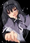  aihara_fuu akemi_homura bad_id bad_pixiv_id black_hair capelet crying crying_with_eyes_open fingernails hairband highres long_hair looking_at_viewer magical_girl mahou_shoujo_madoka_magica open_mouth outstretched_hand purple_eyes ribbon simple_background solo tears 