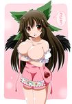  absurdres bad_id bad_pixiv_id bow breasts brown_hair highres huge_breasts imai_kazunari long_hair reiuji_utsuho solo touhou translated unyu wings 