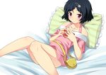  bare_legs bare_shoulders blue_hair blush frilled_pillow frills hair_ornament hairclip male_focus nectar_(fujiya) on_bed otoko_no_ko pillow pouch purple_eyes short_hair solo steins;gate urushibara_ruka 