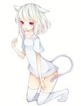  animal_ears bare_shoulders cat_ears cat_tail chico152 highres kneeling off_shoulder original pink_eyes shirt simple_background solo t-shirt tail thighhighs white_background white_hair white_legwear zettai_ryouiki 