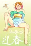  2008 alcohol bare_shoulders barefoot blush breasts bun_cover detached_sleeves double_bun drunk feet hairu hayasaka_akira japanese_clothes kimono large_breasts new_year orange_hair sake short_kimono solo spread_legs super_real_mahjong toe-point toe_scrunch toes 