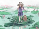  barefoot blonde_hair fishing_rod frog hat highres jar lily_pad moriya_suwako pomodorosa pond purple_eyes reflection short_hair solo touhou water 