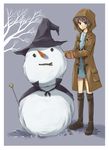  black_eyes boots cape carat coat hijikini mittens nagato_yuki purple_hair school_uniform snow snowman suzumiya_haruhi_no_yuuutsu wand witch_hat 