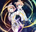  1girl aqua_eyes arm_warmers bad_id bad_pixiv_id blonde_hair brother_and_sister detached_sleeves hair_ornament hair_ribbon hairclip headphones kagamine_len kagamine_len_(append) kagamine_rin kagamine_rin_(append) navel ribbon sakou_mochi short_hair shorts siblings smile twins vocaloid vocaloid_append 