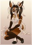  bell brown_eyes brown_hair cervine cleavage deer dress female hair headdress hooves kiirei long_brown_hair long_hair looking_at_viewer ribbons sitting solo 