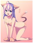  ahoge all_fours animal_ears bent_over blue_eyes blush bra breasts cat_ears cat_tail catgirl cleavage fang female gloves gradient gradient_background highres long_hair open_mouth original panties paw_gloves pink_hair saiste smile solo tail underwear very_long_hair 
