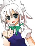  blue_eyes blush bow braid goose_h hair_bow izayoi_sakuya maid maid_headdress open_mouth pocket_watch short_hair smile solo touhou twin_braids watch white_hair 