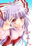  bad_id bad_pixiv_id bow fujiwara_no_mokou hair_ribbon long_hair looking_up pengin_guriko red_eyes ribbon silver_hair solo suspenders touhou 