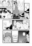  akase_rai blush braid broom broom_riding bucket comic greyscale hakurei_reimu hat highres in_bucket in_container kirisame_marisa kisume long_hair monochrome multiple_girls ribbon tears touhou translated witch_hat yuri 