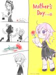  &gt;_&lt; ahoge androgynous anger_vein beaker black_dress blush child comic crona_(soul_eater) dress eyes_closed flower flying_sweatdrops gift hitting holding hood makenshi_chrona medusa_gorgon mother's_day mother_and_child pink_hair purple_eyes shoes short_hair sleeveless smile soul_eater tattoo younger 