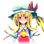  ascot blonde_hair blush bow flandre_scarlet hat highres open_mouth pointy_ears red_eyes short_hair side_ponytail solo tatwuku touhou upper_body 