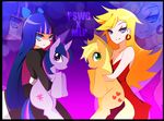  applejack crossover earrings horse jewelry klowncar multicolored_hair multiple_girls my_little_pony my_little_pony_friendship_is_magic panty_&amp;_stocking_with_garterbelt panty_(psg) stocking_(psg) twilight_sparkle unicorn 