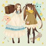  bad_id bad_pixiv_id blush bow copyright_request dress hair_bow holding_hands mia0309 multiple_girls star stuffed_toy suitcase thighhighs twintails zettai_ryouiki 