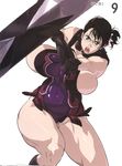  bare_shoulders black_hair breasts cattleya gigantic_breasts glasses highres huge_weapon kaneko_hiraku mature muscle muscular_female queen's_blade revealing_clothes simple_background solo sword thick_thighs thighs weapon white_background 