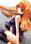  :d ahoge ass bad_id bad_pixiv_id bangs bare_shoulders black_legwear blush boots breasts charlotte_dunois from_side hair_between_eyes halterneck holding infinite_stratos jewelry leotard long_hair looking_at_viewer looking_back medium_breasts necklace open_mouth orange_hair pendant pilot_suit purple_eyes sakurajousui_neko shadow sitting smile solo taut_clothes thigh_boots thighhighs tile_floor tiles turtleneck wariza 
