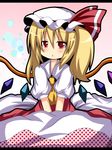  ascot bad_id bad_pixiv_id bed_sheet blonde_hair flandre_scarlet hat red_eyes shinekalta side_ponytail sitting solo touhou wings 