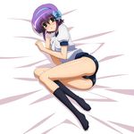  bed buruma gym_uniform hairband high_res kneehighs lying night_wizard purple_hair shihou_elis socks solo sugimura_tomokazu 