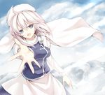  bad_id bad_pixiv_id beckoning blue_eyes cloud hat letty_whiterock long_sleeves mountain open_mouth outstretched_hand pink_hair short_hair sky smile solo takemori_shintarou touhou white_hair 