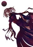  breasts bun-o dark_sakura dress fate/stay_night fate_(series) glowing glowing_eyes hair_over_one_eye hair_ribbon impossible_clothes impossible_dress large_breasts matou_sakura red_eyes ribbon solo white_background 