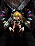  :p blonde_hair blood boots dark eating flandre_scarlet guro highres k-523 severed_arm severed_limb side_ponytail skirt smile solo tongue tongue_out touhou 