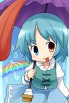  :p blue_eyes blue_hair blush geta heterochromia karakasa_obake purple_umbrella rainbow red_eyes short_hair skirt solo tatara_kogasa tongue tongue_out touhou umbrella yamabuki_(yusuraume) 