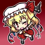  blonde_hair blush chibi dress eruru_(erl) fang flandre_scarlet hat laevatein one_eye_closed open_mouth red_dress red_eyes side_ponytail smile solo touhou wings 