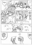  blush doujinshi eating food greyscale hard_translated hidamari_sketch miyako monochrome mouth_hold multiple_girls non-web_source pocky translated yuno yuri 