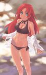  bare_shoulders bikini black_bikini blue_eyes breasts cleavage groin long_hair looking_at_viewer lowleg lowleg_bikini medium_breasts navel original red_hair shirt side-tie_bikini smile solo standing swimsuit u-hi 