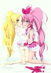  ass barefoot blonde_hair blue_eyes blush bow choker cure_melody cure_rhythm earrings feet green_eyes houjou_hibiki jewelry kneeling kumimin long_hair looking_back magical_girl midriff minamino_kanade multiple_girls one_eye_closed panties pink_bow pink_choker pink_hair ponytail precure ribbon skirt skirt_lift suite_precure tongue twintails underwear very_long_hair white_choker wrist_cuffs yuri 