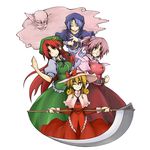  alternate_eye_color brown_eyes cloud elly grin hat hemogurobin_a1c holding holding_scythe hong_meiling hood kumoi_ichirin long_hair multiple_girls red_hair ribbon sara_(touhou) scythe smile star touhou touhou_(pc-98) unzan yellow_eyes 