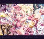  4girls baritone_(suite_precure) bassdrum beamed_sixteenth_notes blonde_hair blush bow cat choker cure_melody cure_muse_(black) cure_rhythm dodory fairy_tone falsetto_(suite_precure) fantastic_belltier flat_sign hair_bow highres houjou_hibiki hummy_(suite_precure) inoshishi_(ikatomo) kurokawa_eren letterboxed magical_girl mephisto_(suite_precure) midriff minamino_kanade miracle_belltier multiple_boys multiple_girls musical_note natural_sign navel open_mouth pink_choker precure seiren_(suite_precure) sharp_sign shirabe_ako staff_(music) suite_precure treble_clef white_choker 