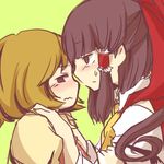  aki_minoriko ascot blonde_hair blush brown_eyes brown_hair face hair_tubes hakurei_reimu hands_on_shoulders long_hair multiple_girls no_hat no_headwear short_hair siroooo sketch sweatdrop touhou wavy_mouth yuri 