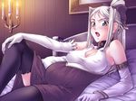  bare_shoulders bed black_thighhighs blonde blush bow bracelet breasts choker cleavage_cutout dress elbow_gloves erect_nipples eroge game_cg gloves grey_eyes hair_bow himekishi_lilia large_breasts oppai pregnant tagme thighhighs white_gloves 