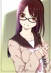  absurdres brown_eyes brown_hair glasses grin hands hands_clasped highres instrument long_hair ooji original own_hands_together piccolo_(instrument) school_uniform smile solo sweater tattoo 