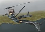  ace_combat ace_combat_x bodysuit bomb brown_hair dual_wielding flying green_eyes hair_ornament hairclip holding knife mecha_musume missile short_hair solo striker_unit sword tom-neko_(zamudo_akiyuki) weapon world_witches_series xr-45_cariburn 