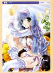  absurdres blue_hair breasts cat copyright_request dress drink food frilled_legwear fruit green_eyes hair_ribbon hairband highres kotoji large_breasts no_bra open_clothes open_shirt orange panties pillow plant purple_panties ribbon shirt side-tie_panties sitting striped striped_panties thighhighs underwear white_legwear 