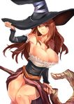 bare_shoulders breasts brown_eyes brown_hair cleavage detached_sleeves dragon's_crown dress hand_on_headwear hat huge_breasts legs long_hair simple_background solo sorceress_(dragon's_crown) staff strapless strapless_dress suoni_(deeperocean) sweat thighs witch_hat 