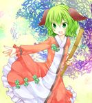  animal_ears bamboo_broom blush broom dress fang green_eyes green_hair kasodani_kyouko open_mouth outstretched_arm short_hair smile solo touhou yuuki_arisu_(yuigi) 