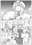  ... 2girls comic fan folding_fan gap greyscale hat monochrome multiple_girls multiple_tails spoken_ellipsis tail touhou translated yakumo_ran yakumo_yukari 