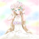  aerith_gainsborough blush bracelet brown_hair dress female final_fantasy final_fantasy_vii flower gradient gradient_background green_eyes headdress jewelry long_hair pale_color plant sera_(pixiv3125608) sitting solo 