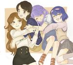  blue_hair brown_hair casual eyewear_on_head glasses green_hair hug inazuma_eleven inazuma_eleven_(series) kani-tama kino_aki kudou_fuyuka long_hair multiple_girls open_mouth otonashi_haruna purple_hair raimon_natsumi short_hair smile 